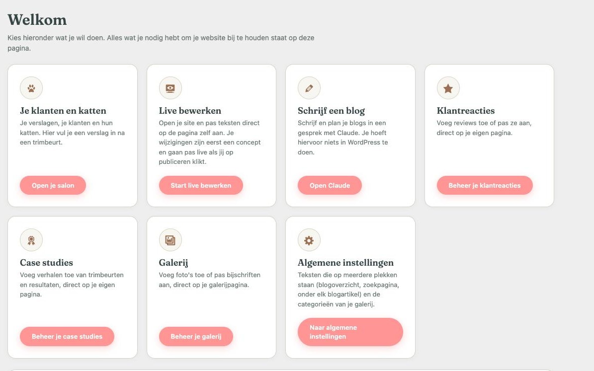 De schone beheerpagina van De Knappe Kater met kaarten voor klanten en katten, live bewerken, een blog schrijven, klantreacties, case studies, de galerij en de algemene instellingen